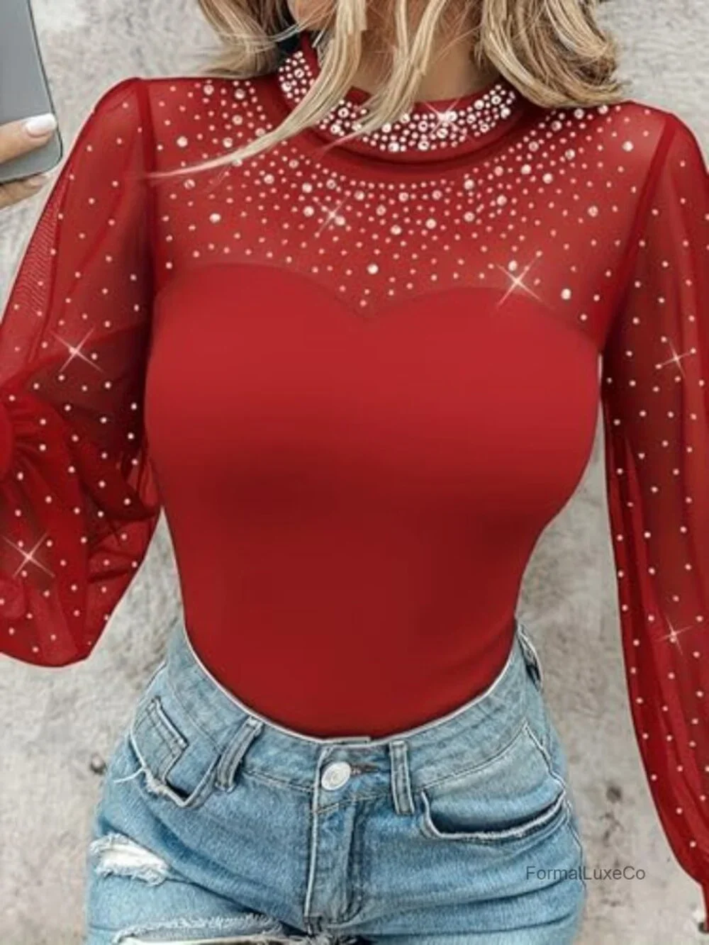 Rhinestone Mock Neck Lantern Long Sleeve Sheer Mesh Top Hollow-Out Back Slim